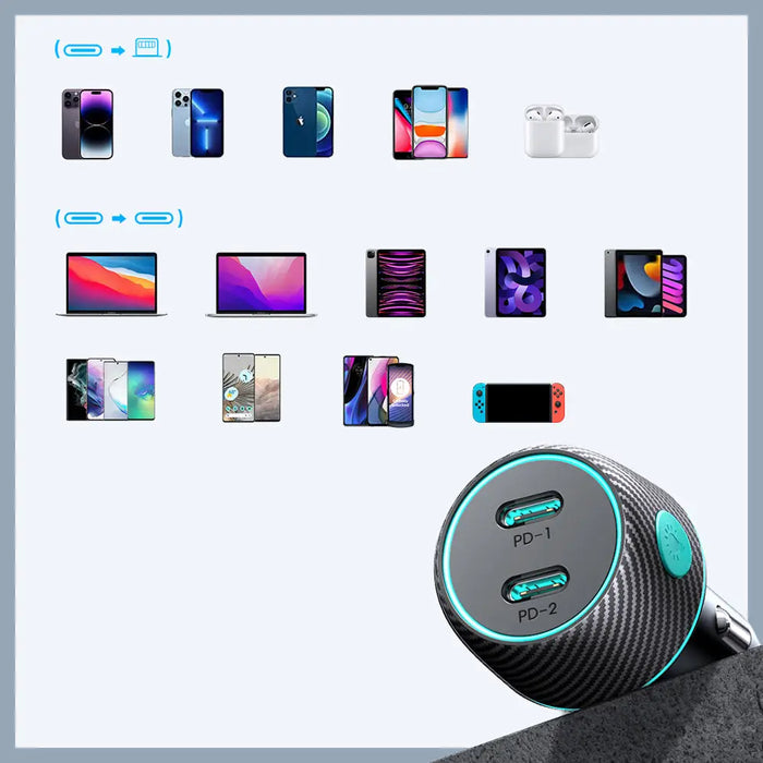 2x USB C 70W car charger with LED backlight Joyroom JR-CCN02 - black - Cell phone USB charger<<<HurtelXML