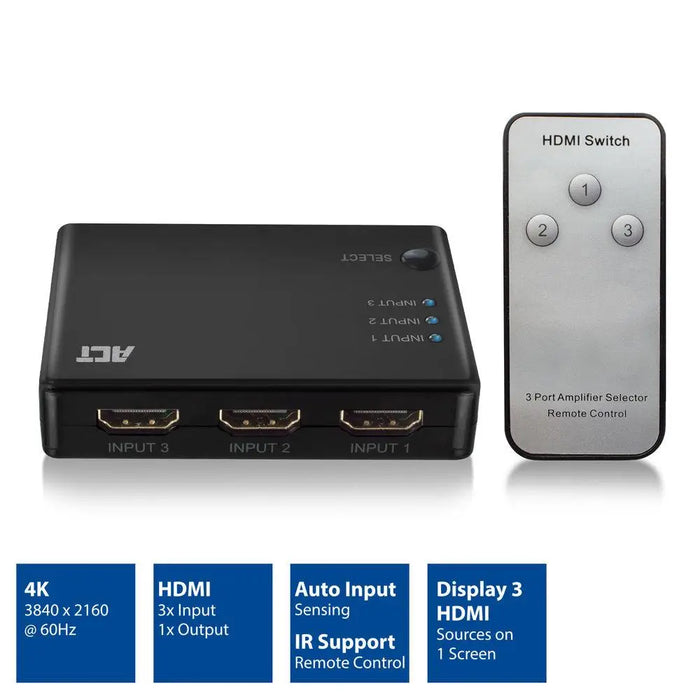3 port HDMI switch ACT 4K@60Hz USB Remote Black - Адаптери конвертори<<<Кабели<<<ValiAPI