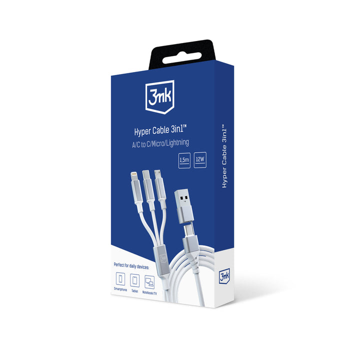 3mk Hyper Cable 3in1 USB-A - USB-C / USB-C - micro USB - Lightning 1.5m - white