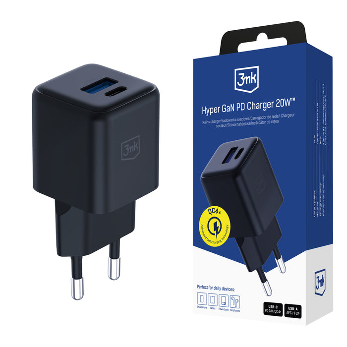 3mk Hyper GaN Charger 20W QC4+ PD PPS USB-C USB-A Wall Charger - Black