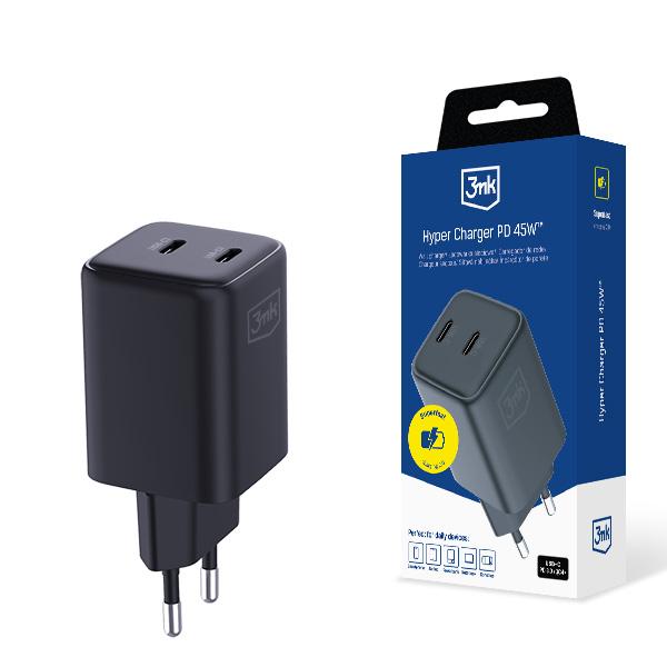 3mk Hyper Charger PD 45W QC4+ PPS 2C Super-Fast Charge 2.0 Wall Charger - Black