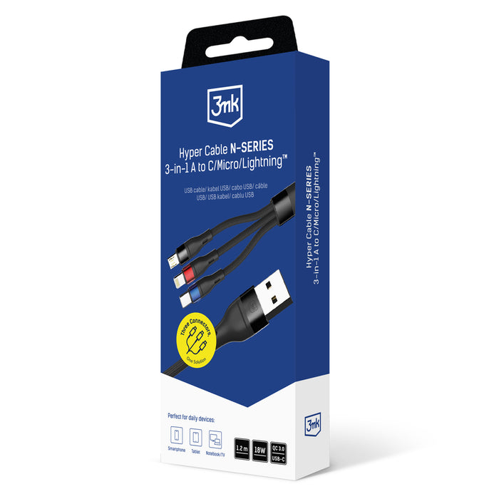 3mk Hyper Cable N-SERIES 3 in 1 USB-A / Lightning / Micro 1.2m 9V/2A 18W - black