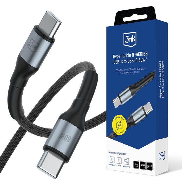 3mk Hyper Cable N-SERIES USB-C / USB-C 3m PD 3.0 QC 3.0 20V/3A 60W - black