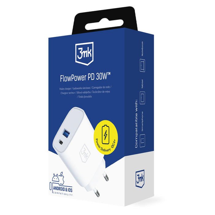 3mk FlowPower 30W 1A1C PD 3.0 QC4+ Wall Charger - White