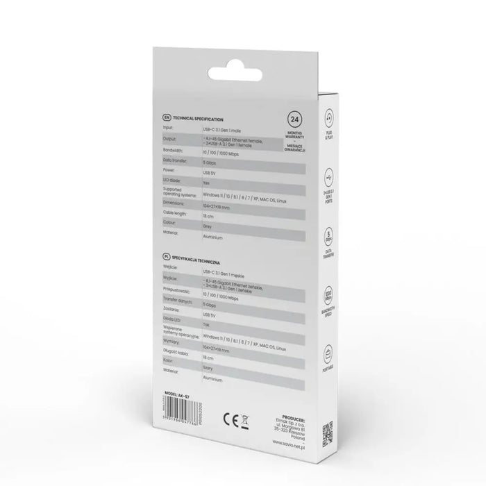 4-Port USB-C Hub Savio AK-57 Ethernet (RJ-45) Grey - HUB USB<<<Компютър Мрежи и компоненти<<<Компютри|