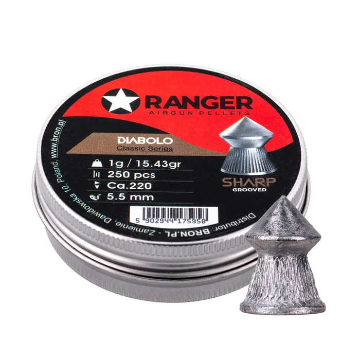 5.5 mm RANGER Diabolo Professional Sharp Grooved Point 250 pellets - Air gun pelletsSTZ-SDW<<<ShootingSTZ<<<ActionPL