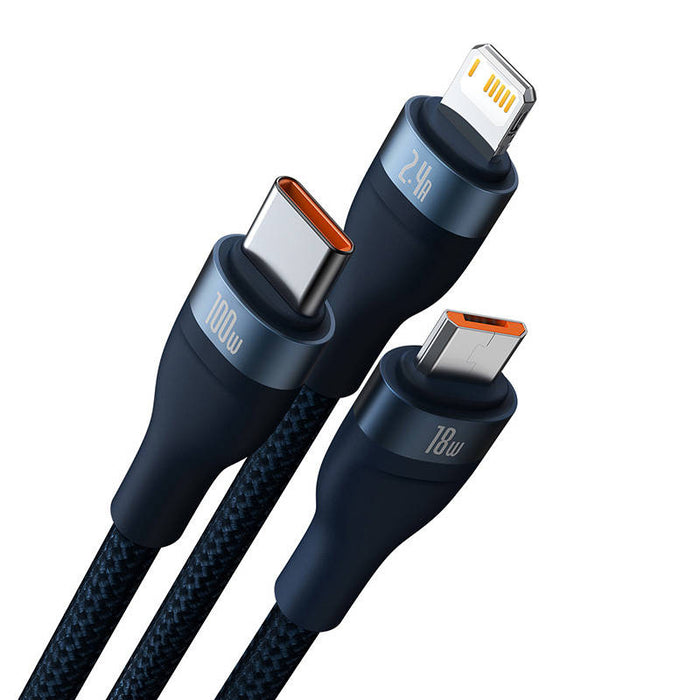 3in1 USB cable Baseus Flash Series, USB-C + micro USB + Lightning, 100W, 1.2m (blue)