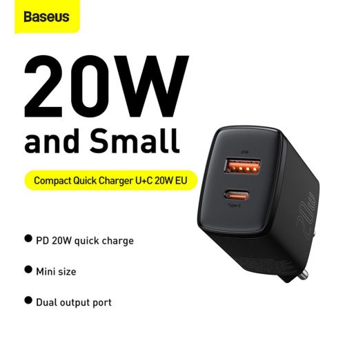 Baseus Compact Quick Charger, USB, USB-C, 20W (black)