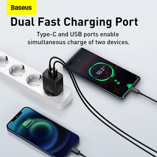 Baseus Compact Quick Charger, USB, USB-C, 20W (black)