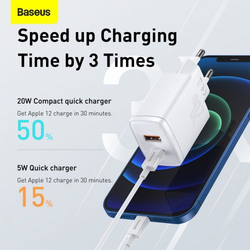 Baseus Compact Quick Charger, USB, USB-C, 20W (white)