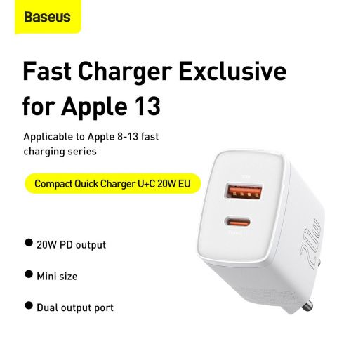 Baseus Compact Quick Charger, USB, USB-C, 20W (white)