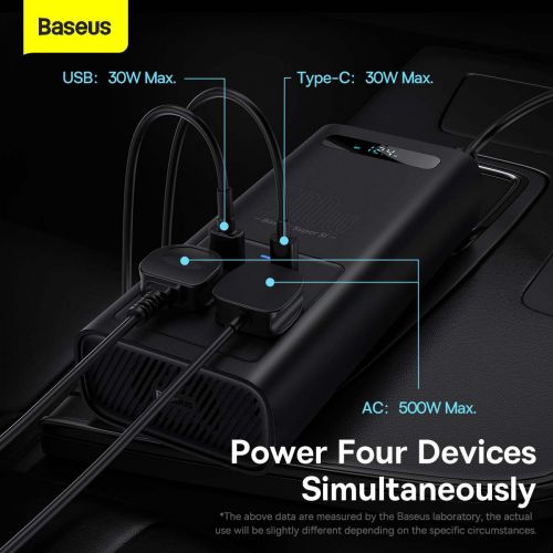 Baseus Car Power Inverter 150W 12V / 500W 220V (C+U + Dual EU plug) Black (CGNB000101)