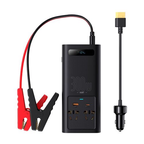 Baseus Car Power Inverter IGBT 300W/ 220V (C+U + Dual EU plug) with 12V clamp cables (0.40m) and Cigarette Lighter Socket Cable (0.60m), Black (CGNB010101)