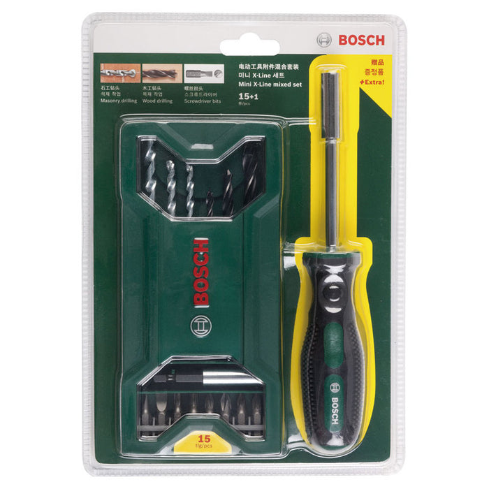BOSCH DRILL, BITS AND SCREWDRIVER SET 15 PCS