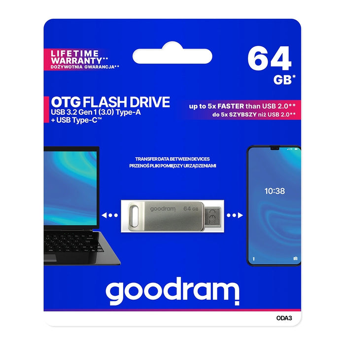 Flash Drive 64GB USB 3.2 Gen 1 USB / USB C OTG ODA3 Goodram - Silver