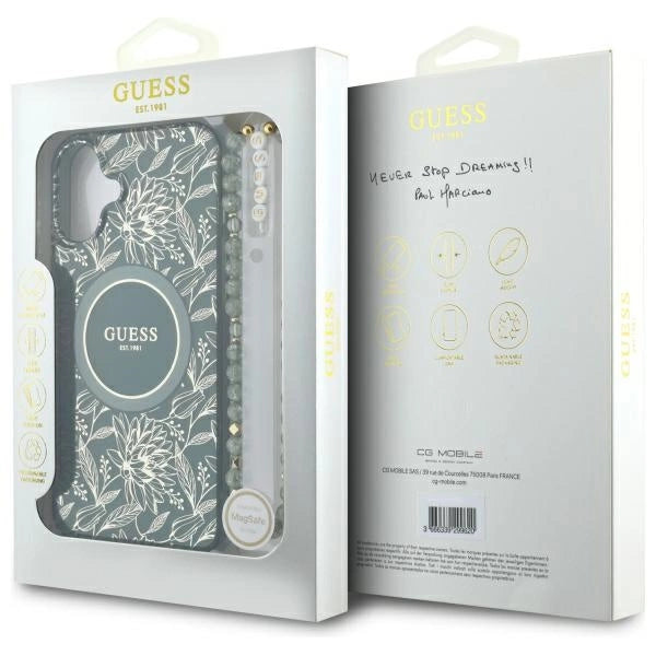 Guess IML Flowers Allover Electro With Pearl Strap MagSafe case for iPhone 16 Plus - green