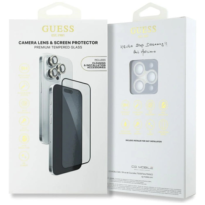 Guess BP Rhinestone 2in1 Screen Protector and Camera Lens Set for iPhone 16 Pro Max - Gold