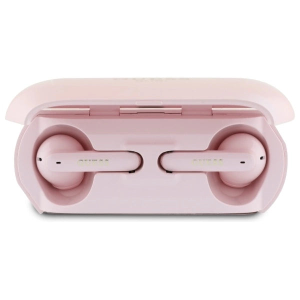 Guess Elongated Metalic Printed Logo Bluetooth TWS Headphones + Docking Station - Pink
