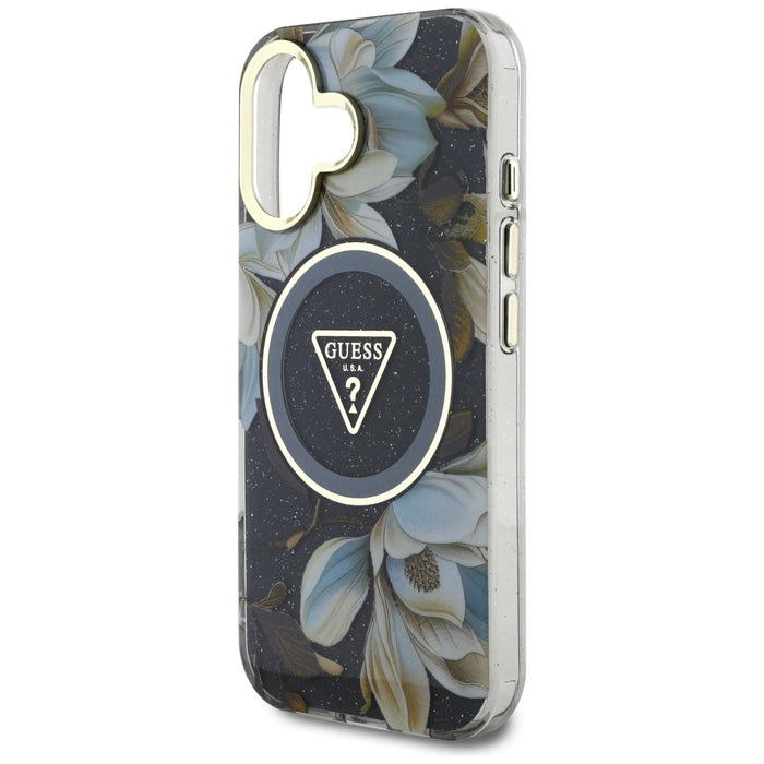 Guess Glitter Flowers Triangle Buttons MagSafe case for iPhone 16 black