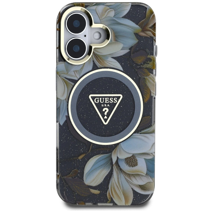Guess Glitter Flowers Triangle Buttons MagSafe case for iPhone 16 black