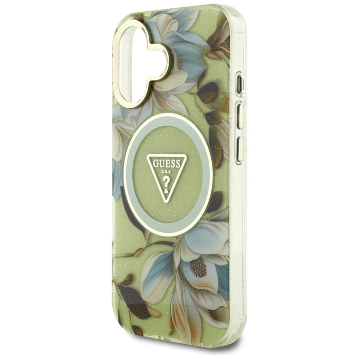 Guess Glitter Flowers Triangle Buttons MagSafe case for iPhone 16 green