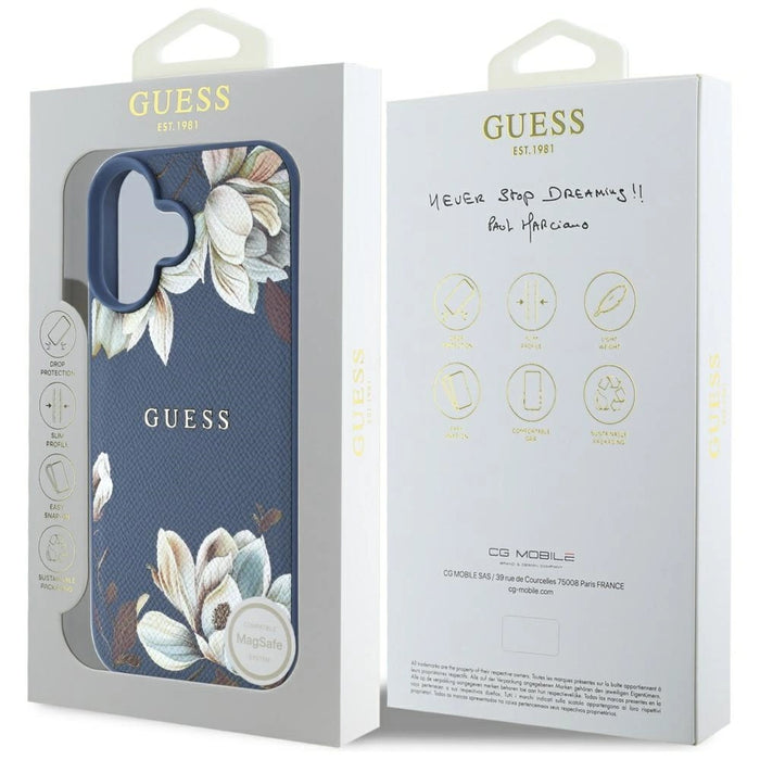 Guess Grained Printed Flower Pattern MagSafe case for iPhone 16 blue