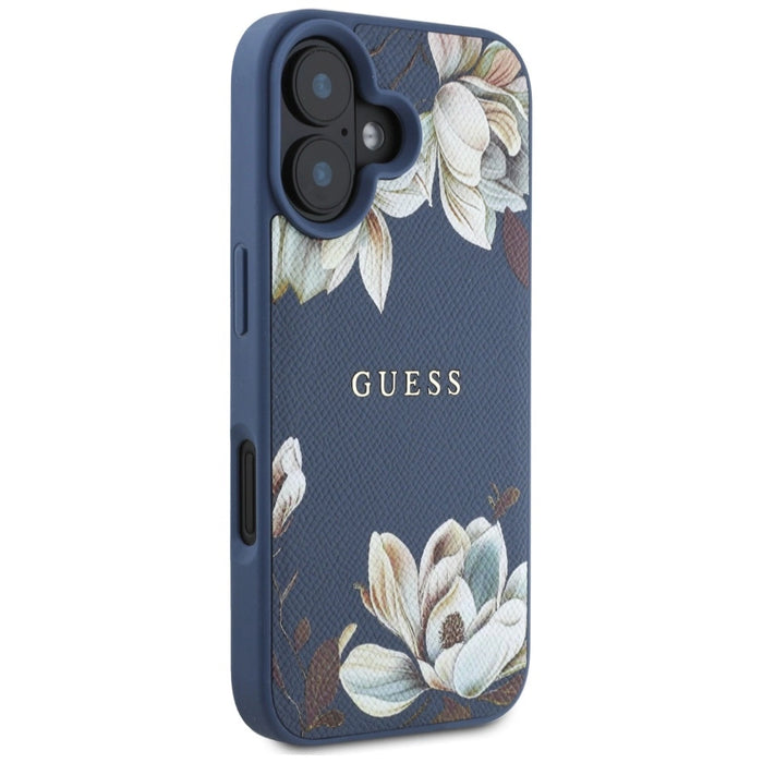 Guess Grained Printed Flower Pattern MagSafe case for iPhone 16 blue