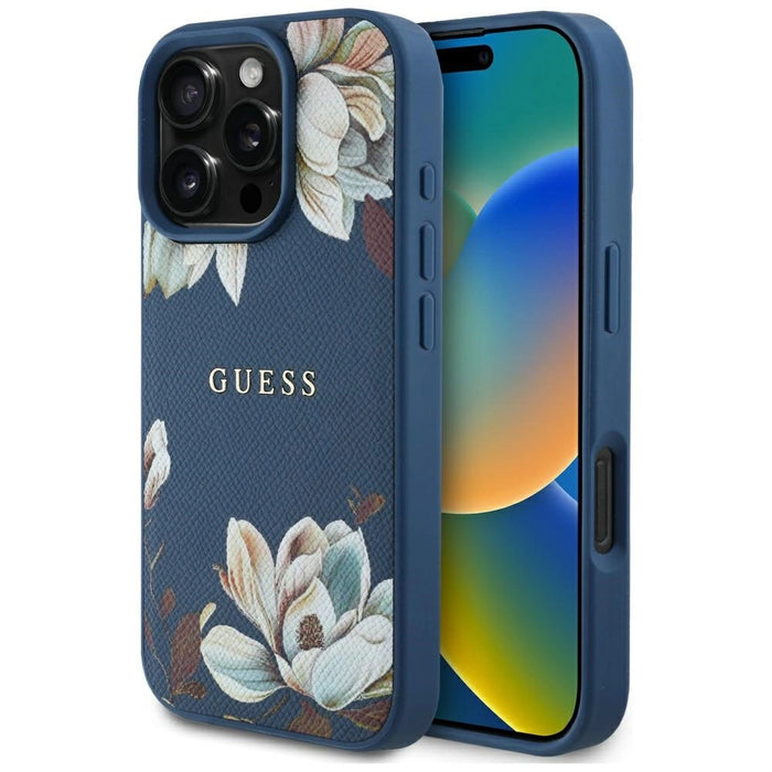 Guess Grained Printed Flower Pattern MagSafe case for iPhone 16 Pro Max blue