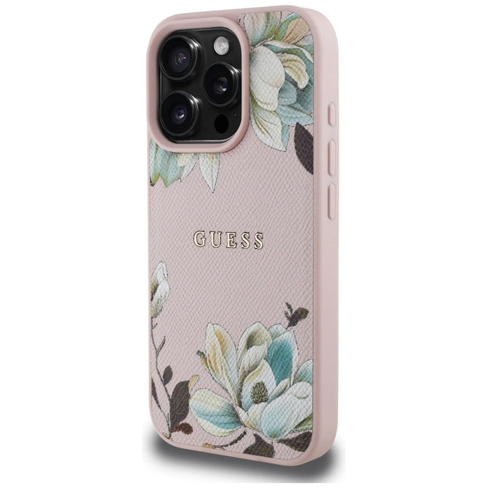 Guess Grained Printed Flower Pattern MagSafe Case for iPhone 16 Pro Pink