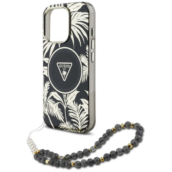 Guess Palm Trees Triangle Pearl Strap MagSafe case for iPhone 16 Pro black