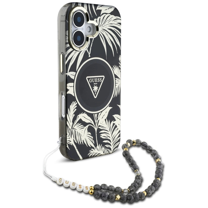Guess Palm Trees Triangle Pearl Strap MagSafe case for iPhone 16 black