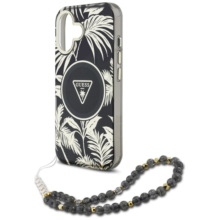 Guess Palm Trees Triangle Pearl Strap MagSafe case for iPhone 16 black