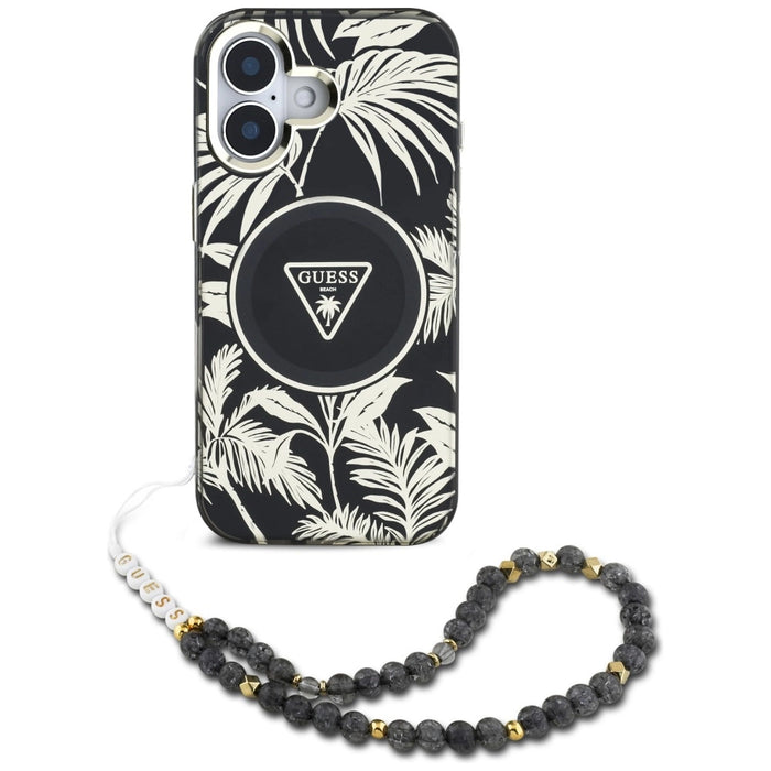 Guess Palm Trees Triangle Pearl Strap MagSafe case for iPhone 16 black