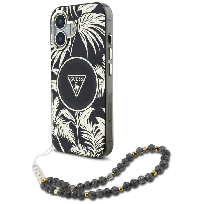 Guess Palm Trees Triangle Pearl Strap MagSafe case for iPhone 16 black