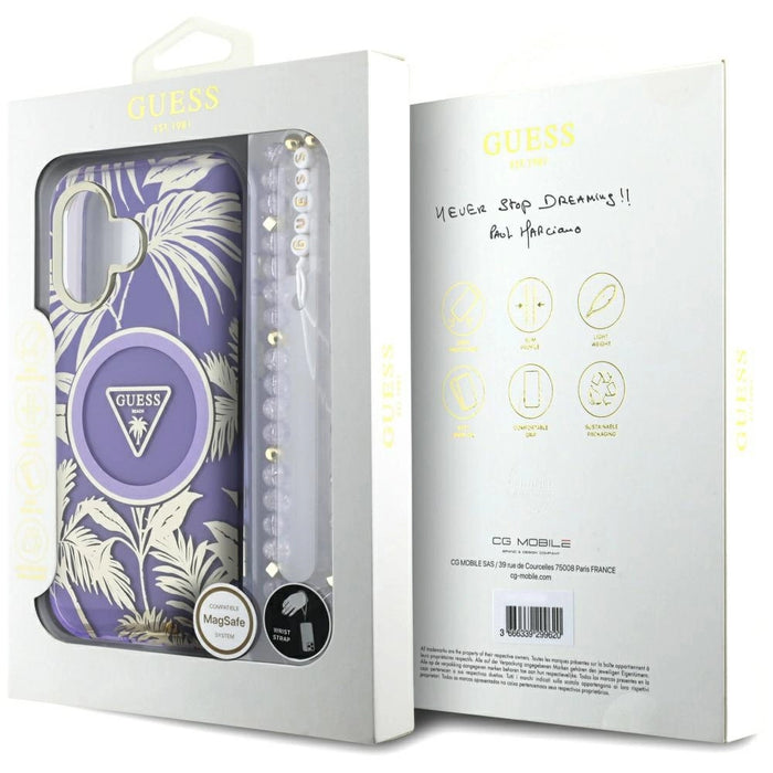 Guess Palm Trees Triangle Pearl Strap MagSafe case for iPhone 16 purple