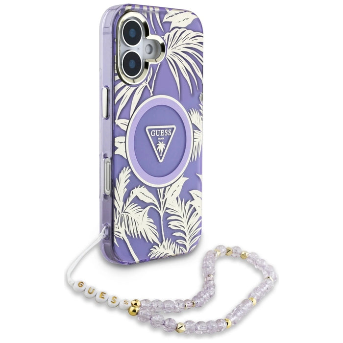 Guess Palm Trees Triangle Pearl Strap MagSafe case for iPhone 16 purple