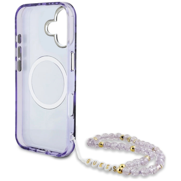 Guess Palm Trees Triangle Pearl Strap MagSafe case for iPhone 16 purple