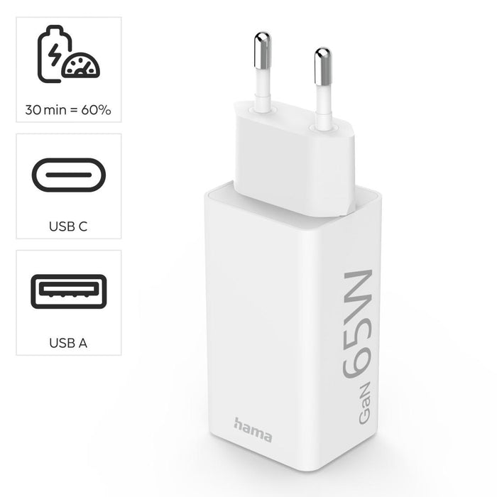 Зарядно устройство Hama 201643 100-240V PD/QC/GaN 65W 1xUSB-C 1xUSB-A