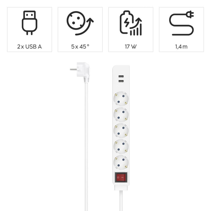 Power adapter HAMA USB 3.4A, 5 sockets, 2x USB, 3400mA, 223183