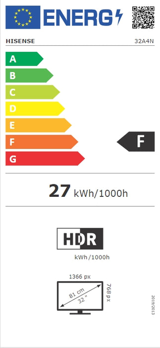 Hisense 32" A4N, HD 1366x768,3000:1, DLED, HLG, DTS Virtual X, Smart TV, WiFi, WiFi Direct, BT, VIDAA U7,Anyview Cast, 2xHDMI, 2xUSB, LAN, CI+, DVB-T2/C/S2, Black