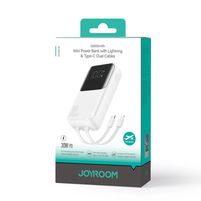 Mini power bank with built-in cables Joyroom JR-PBC06 30W 10000mAh - white