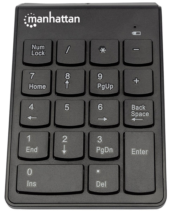 Manhattan Numeric Keypad, Wireless (2.4GHz), USB-A Micro Receiver, 18 Full Size Keys, Black, Membrane Key Switches, Auto Power Management, Range 10m, AAA Battery (included), Windows and Mac, Three Year Warranty