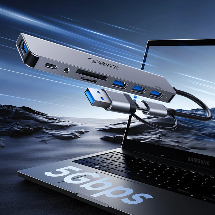 Orico YSA8-U3 USB-A/USB-C Hub Docking Station 3x USB-A 2.0 + 1x USB-A 3.0 + 1x USB-C 2.0 + 1x 3.5mm Audio + 2x TF&amp;SD - Gray