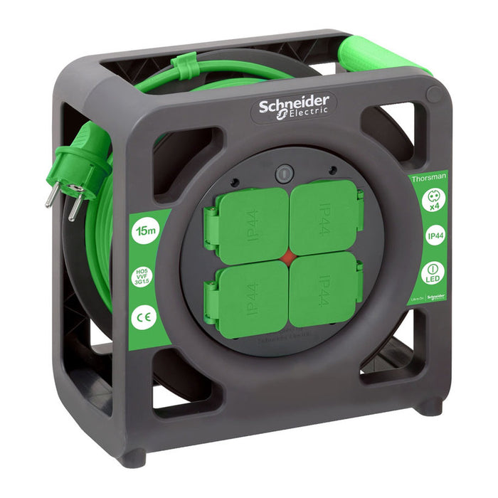 REEL EXTENSION 15M - G3X1.5MM2 - SCHNEIDER 4 SOCKETS WITH CHILD PROTECTION AND IP44