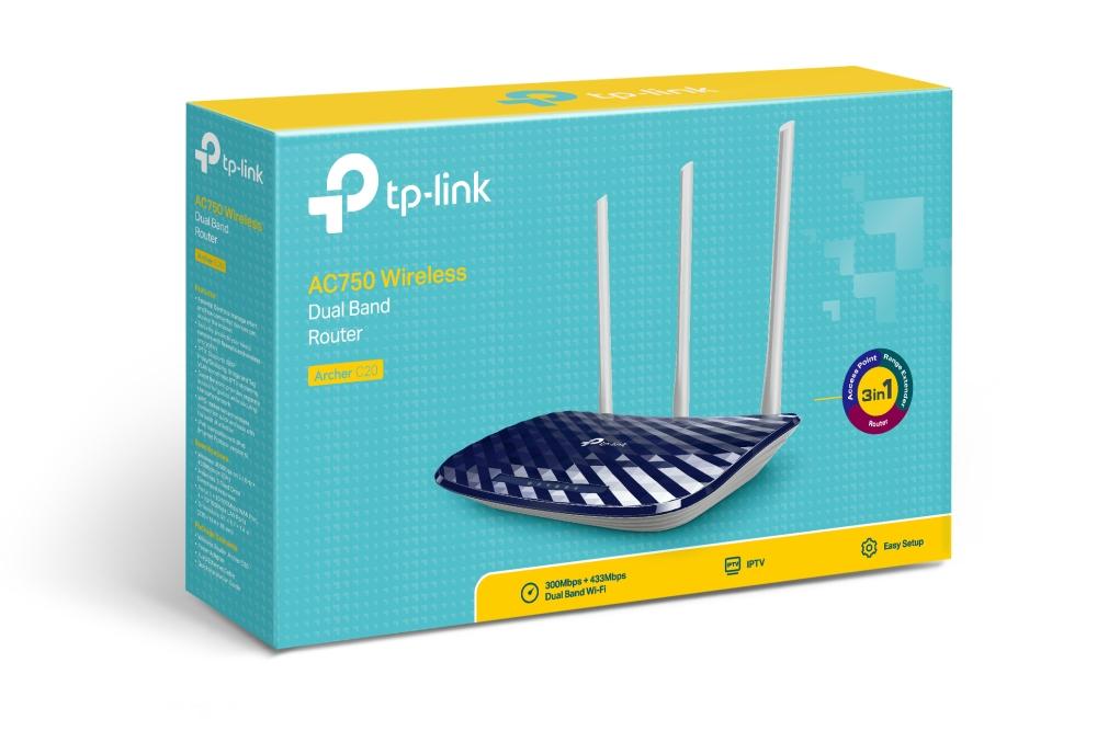 Wireless router TP-Link Archer C20 AC750, 2.4/5 GHz, 300 - 433 Mbps, 10/100