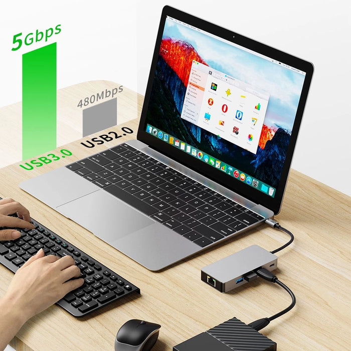Tech-Protect HB05 HUB 9in1 USB-C + USB2.0 + USB3.0 + HDMI 4K 60HZ + SD / TF + PD100W + RJ45 adapter - gray