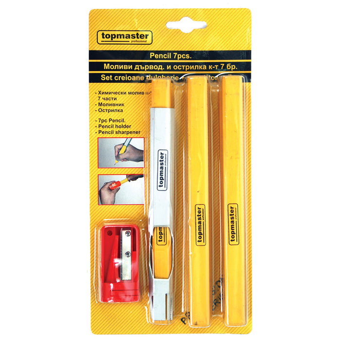 CARPENTER PENCILS 7 PIECES, SHARPENER AND PENCIL HOLDER TOPMASTER