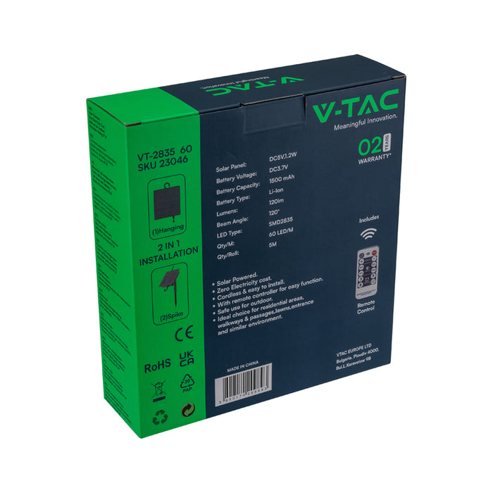 KIT SOLAR LED STRIP 1.2W RGB 900LM 5M IP67 V-TAC