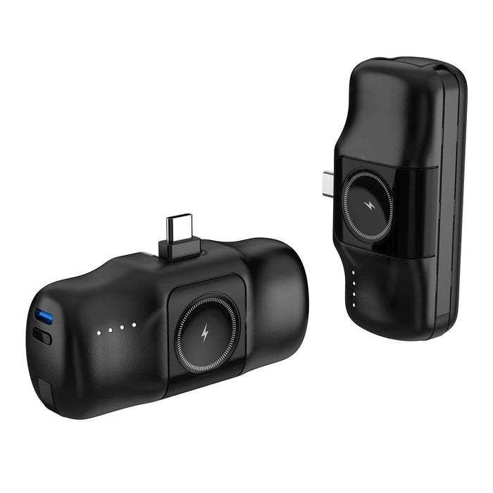 Wozinsky WF16-YCS 5000mAh 15W USB-C Mini Power Bank with Built-in USB-C Cable and Apple Watch Charger - Black