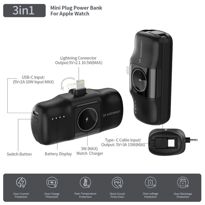 Wozinsky WF16-YLS 5000mAh 15W Lightning Mini Power Bank with Built-in USB-C Cable and Apple Watch Charger - Black